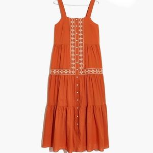 Embroidered Button-Front Tiered Midi Dress